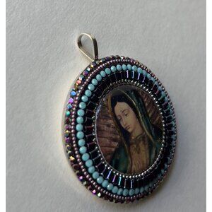 Handmade Virgin Mary Pendant Necklace & Matching Earrings Set With Colorful Bead